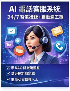 AI 電話客服系統（AI 語音客服）24/7 智慧接聽，RAG 知識庫即時解答，自動建立工單並可轉人工