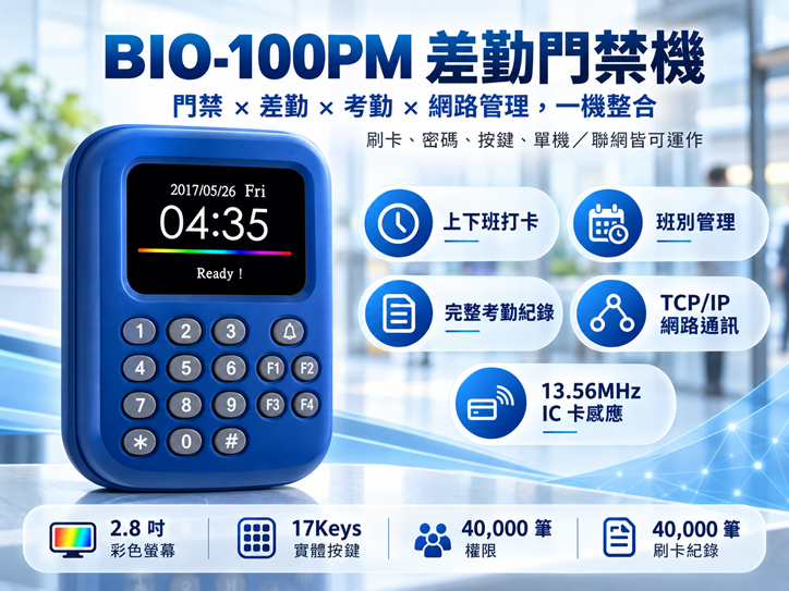 Bio-100Pm 差勤門禁機|刷卡考勤與門禁系統 BIO-100PM 差勤門禁機,整合門禁考勤機、刷卡考勤、員工差勤系統與 TCP/IP 門禁管理